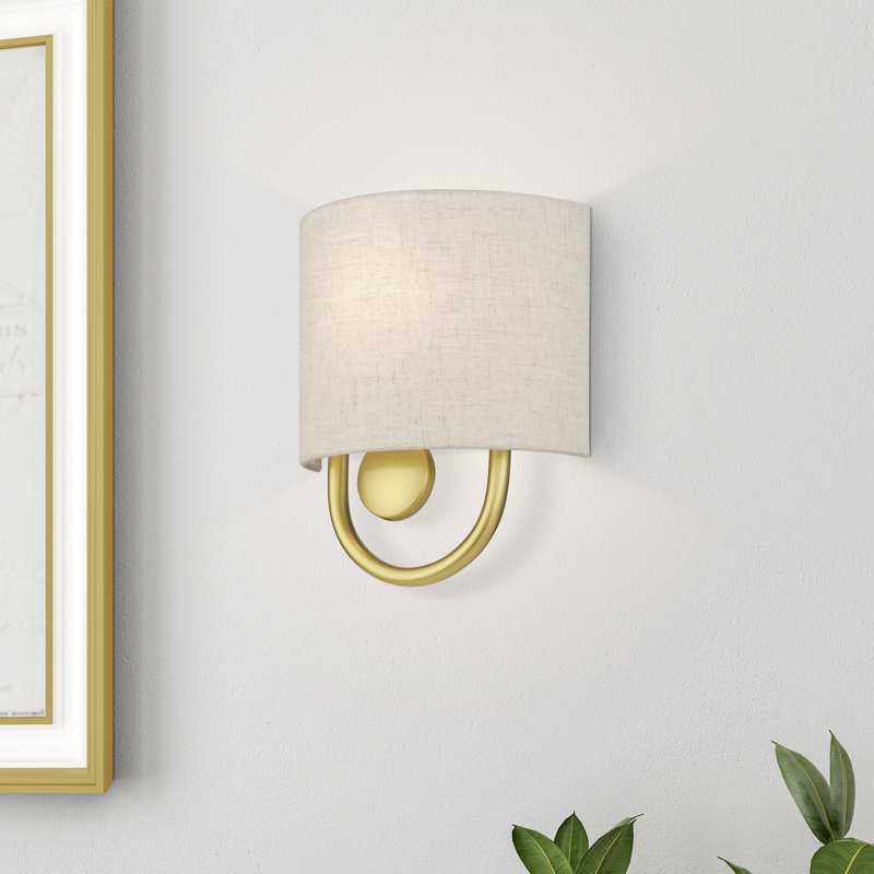 1 Light English Bronze ADA Sconce With Hand Crafted Oatmeal Fabric Shade With White Fabric Inside, Soft Gold
