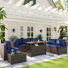 Caradog Wicker 6 - Person Patio Conversation Sets with Cushions, Coffee Table and 44" Fire Pit Table