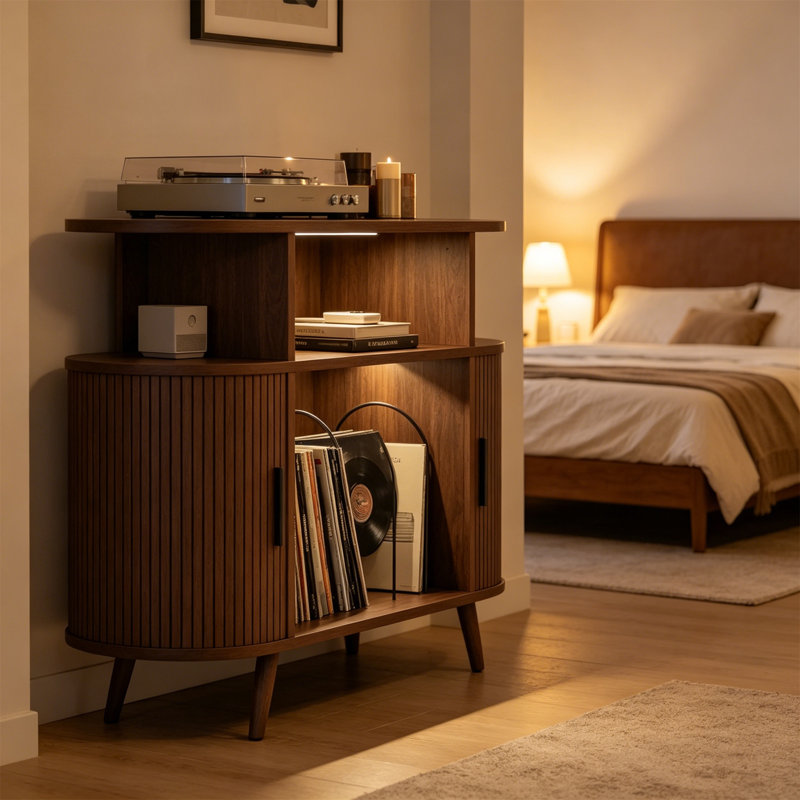 Mid Century Record Player Stand, Round Record Storage Cabinet with Charging Station, Holds 150+ Albums, Walnut, Brown