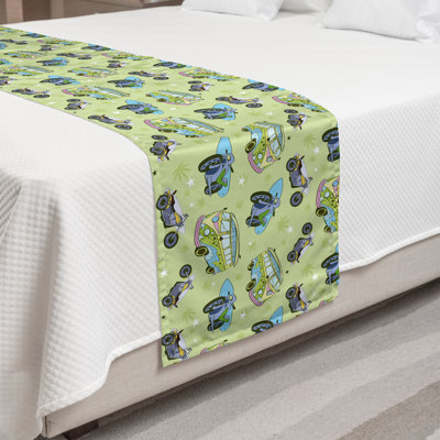 Ambesonne Hippie Bed Runner Motorbikes and Retro Buses Pale Green Multicolor
