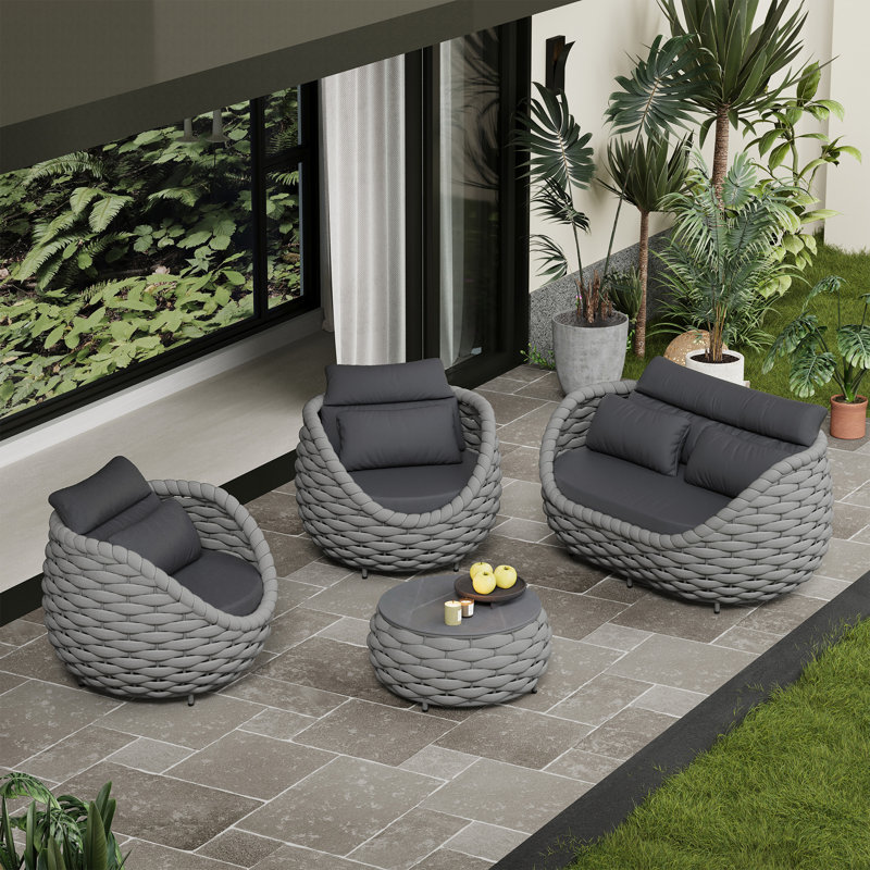 Ensemble de conversation d'extérieur à 4 places avec coussins Denea, Gris clair, Gris foncé