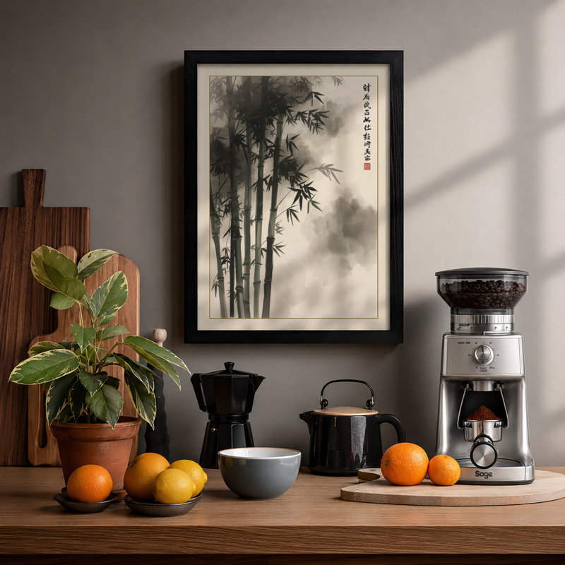 Bamboo in Mist Japandi - Framed Print, A4 - 29.7 x 21.0 cm, Black