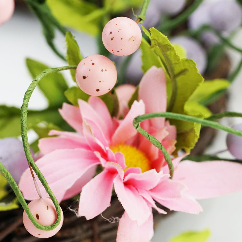Daisy Twig Artificial Floral Wreath Green and Pink, 12"