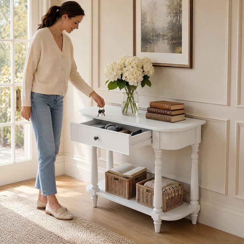 Console d'entrée classique avec pieds fuselés et espace de rangement Classic, White Wood