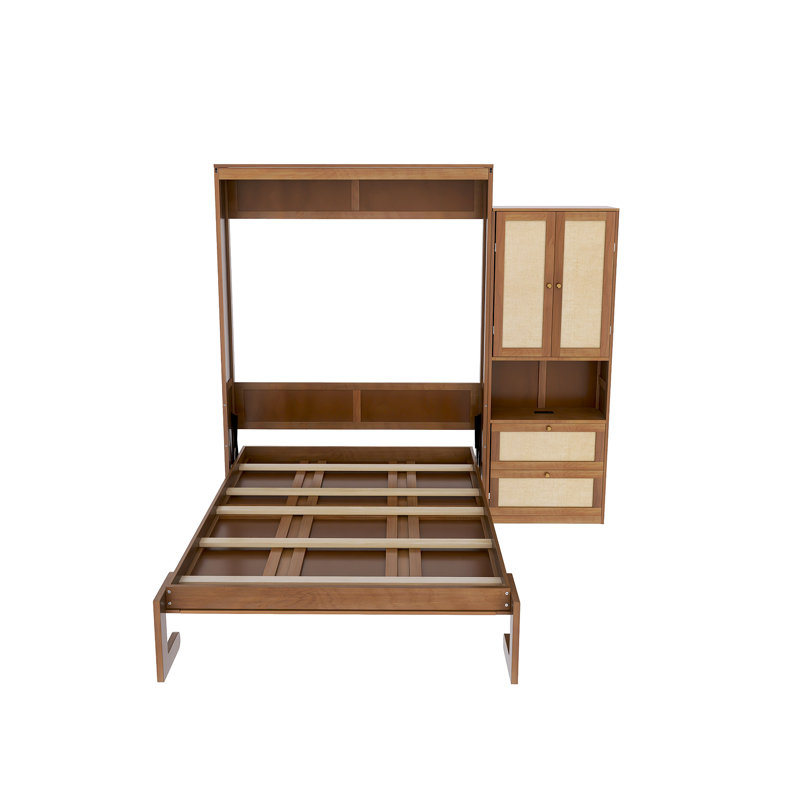 Lit escamotable avec cadre en bois et rotin, Noyer, Complète