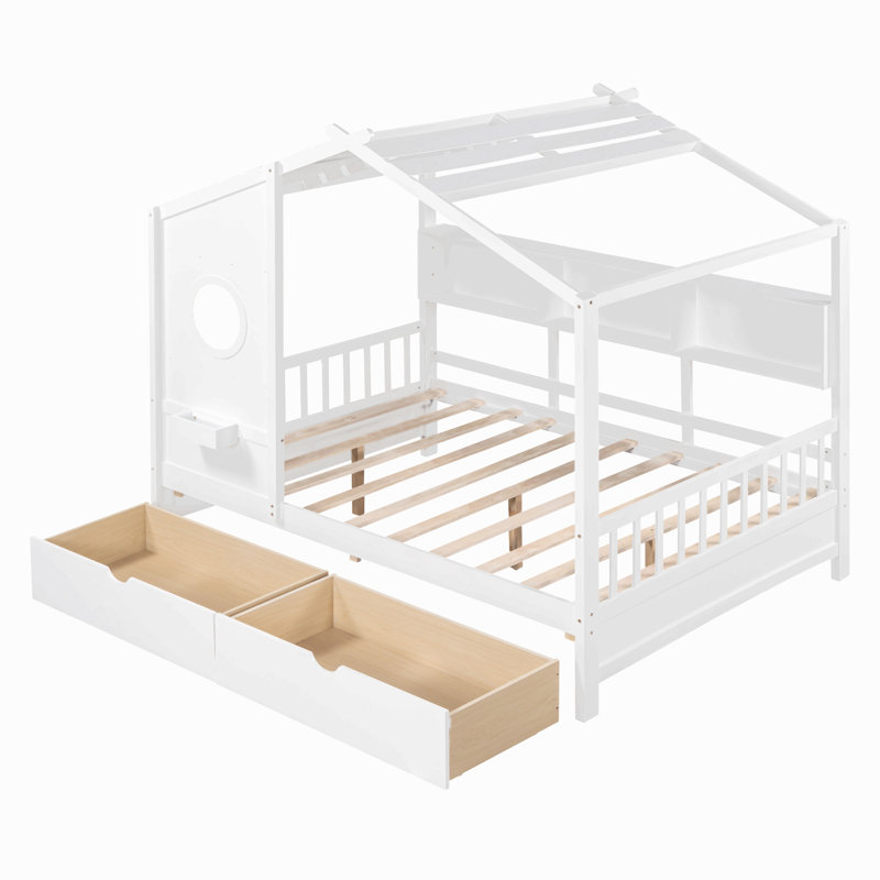 Lit en bois avec 2 tiroirs, lit pour enfant avec tablette de rangement, Lit double, Blanc