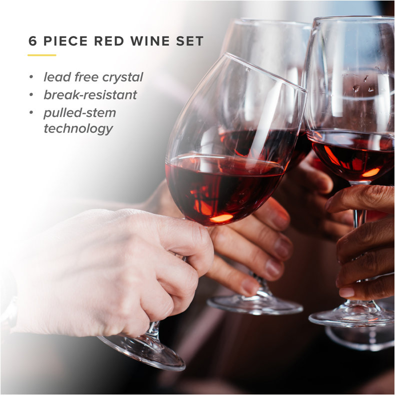 Set of 6 Clear Lead-Free Crystal Red Wine Glasses