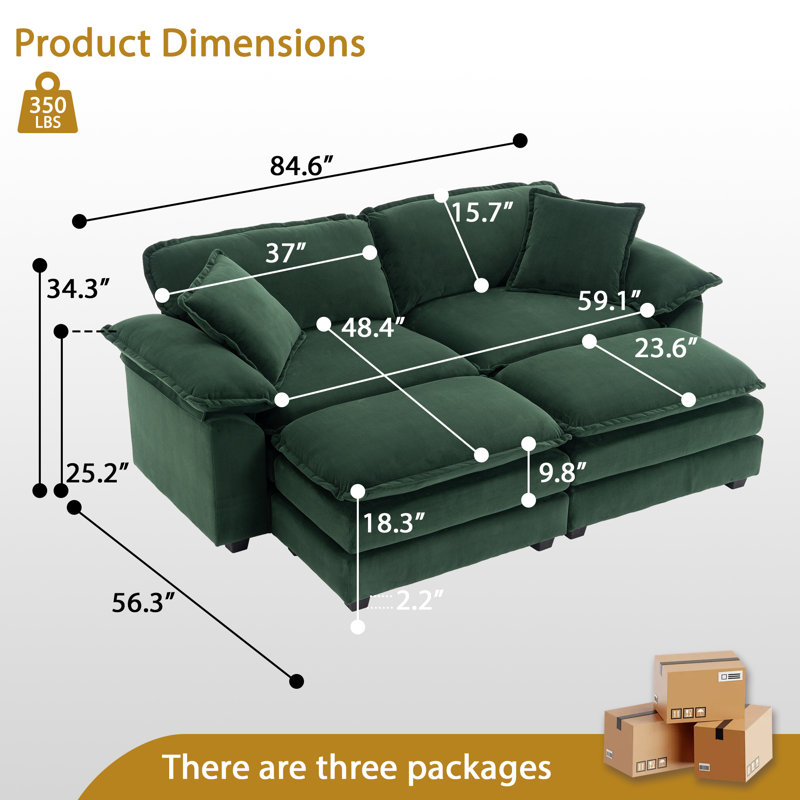 Ariaha 84.6'' Oversized Modular Combo Sofa with Ottoman, Green Velvet