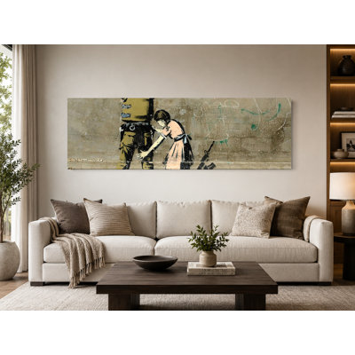 Stop and Search (Girl and a Soldier) — Street Art Print — Panoramic Canvas Wall Art