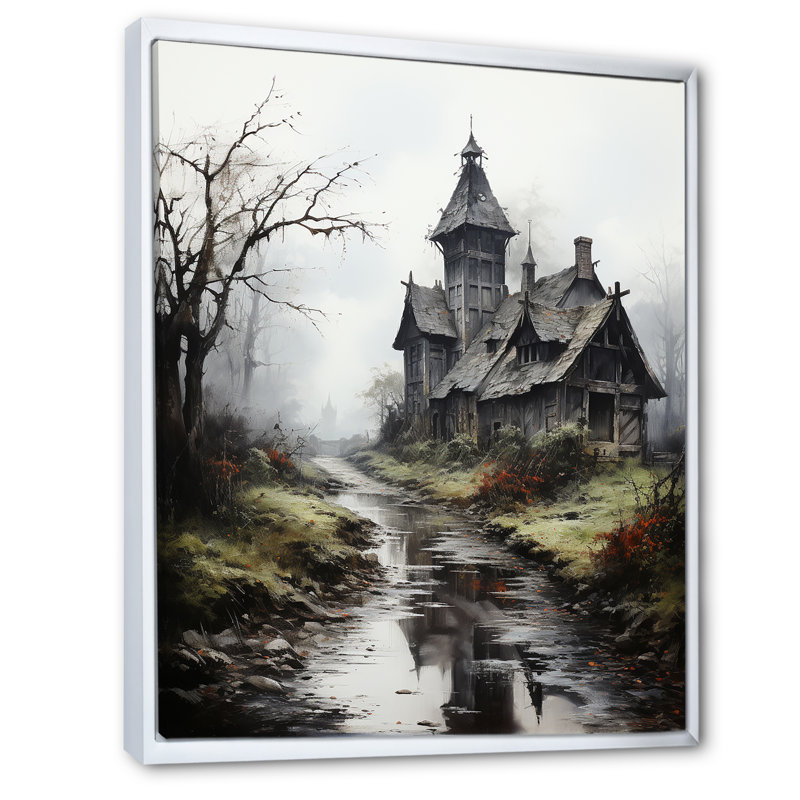 Maison hantée dans un paysage mystique, Cadre flottant blanc, H 40 po x l 30 po x P 1,5 po