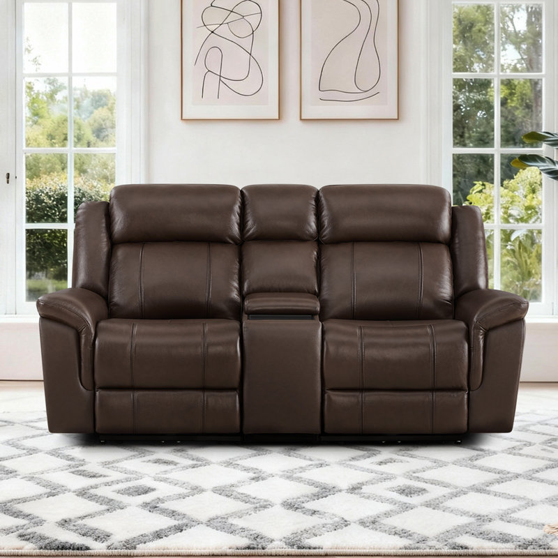 2-Seat Dual Motor zero clearence recliner Genuine Leather Power Recliner Sofa With Power Headrest And Console, Dark Brown