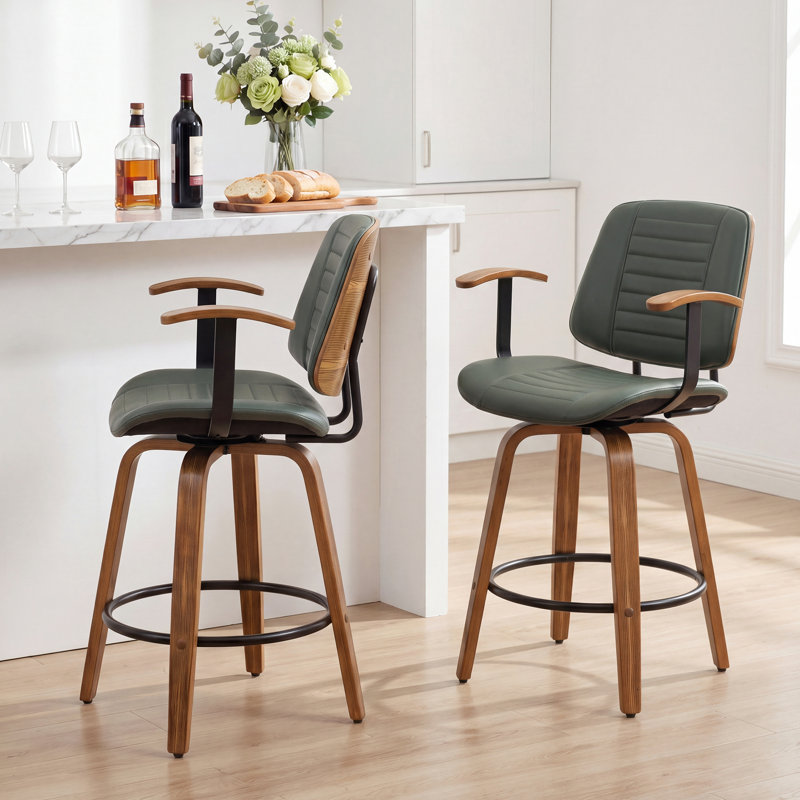 Toriano Modern Faux Leather Swivel Counter Stools With Arms, Green