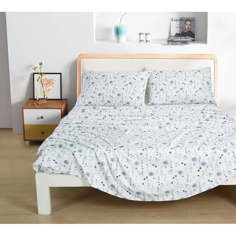 White Floral Microfiber Queen Bed Sheet Set with Deep Pockets