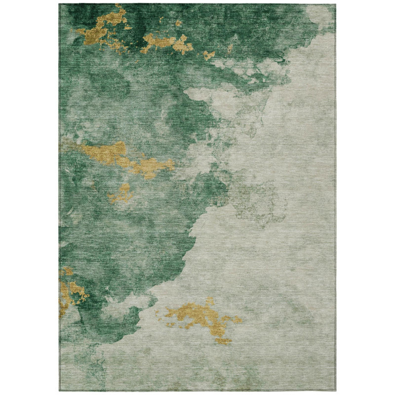 Tapis intérieur/extérieur abstrait lavable 10' x 14' Émeraude Sauge et Ivoire