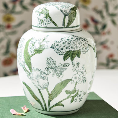 Pot à gingembre vert et blanc avec couvercle en porcelaine Primrose and Lotus