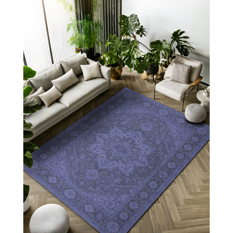 Anatolia Collection Digital Print Cotton-Polyester Navy Blue Oriental Rug, Rectangle 6'7" x 9'11"