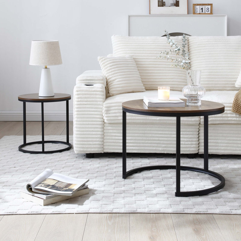 Set of 2 Coffee Table Nesting Side Round End Table Top Sturdy Metal Frame Desk
