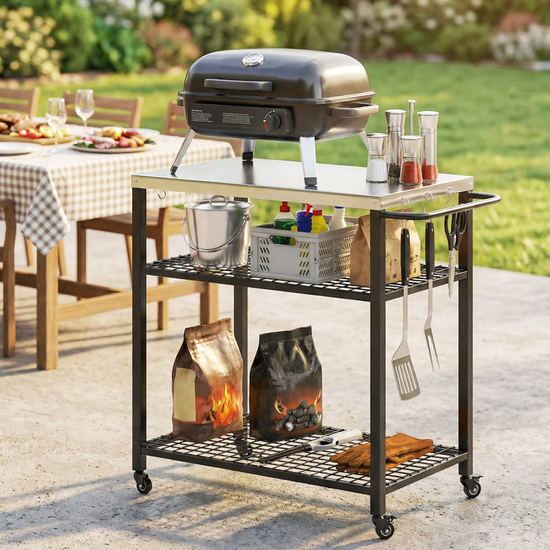Chariot de barbecue extérieur avec plateau en acier, table de préparation des aliments sur roulettes
