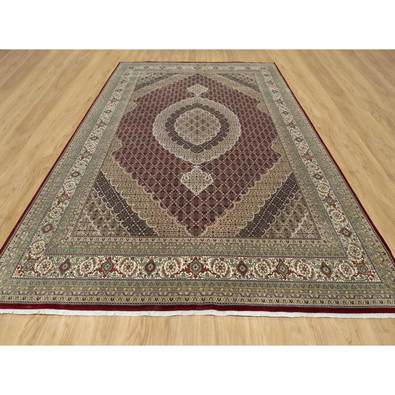 Tapis rouge en laine et soie noué à la main 8 pi 10 po x 12 pi 4 po Super Mahi