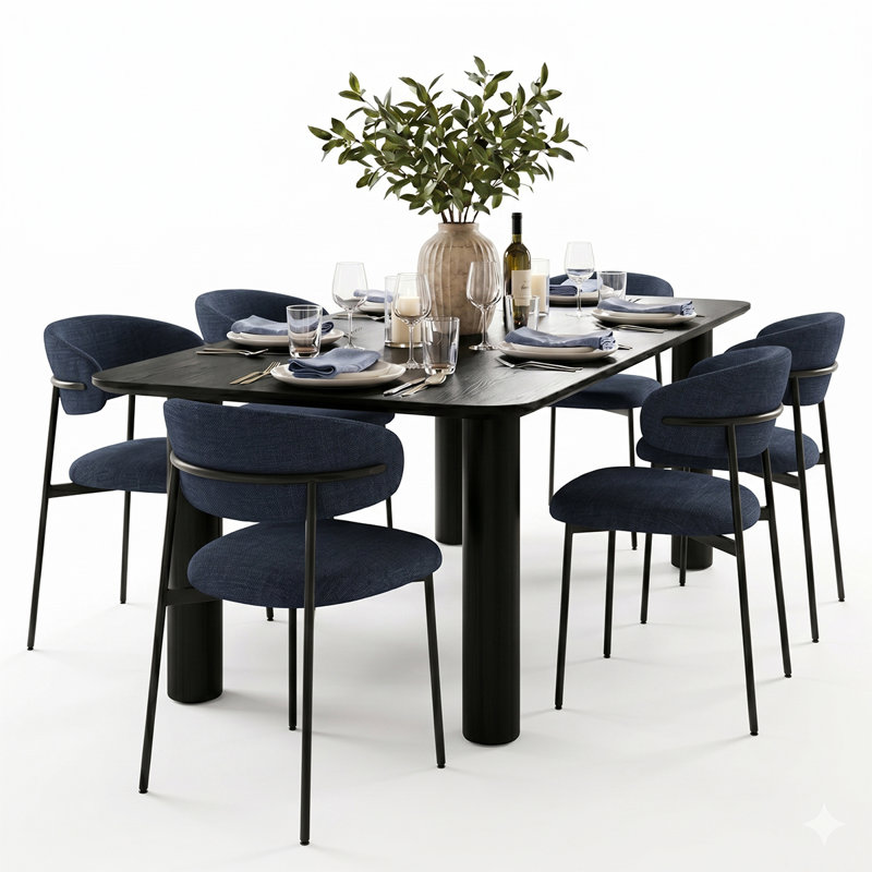 Modern 7-Piece Dining Set With Rectangular Wood Table And Upholstered Curved Back Chairs, Blue