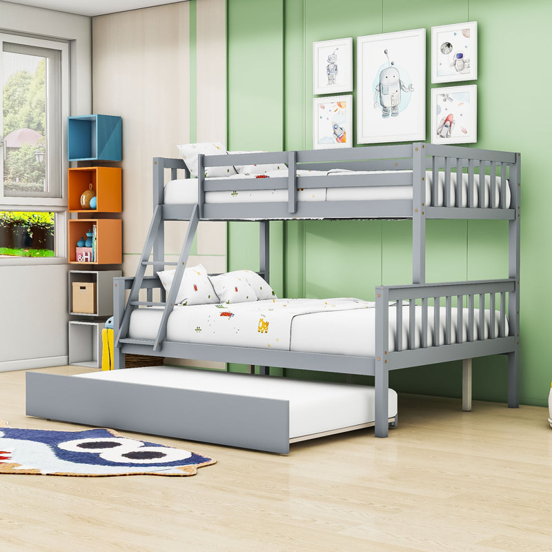 Twin Over Full Wood Bunk Bed With Twin Trundle, Built-In Ladder And Guardrail, Gray