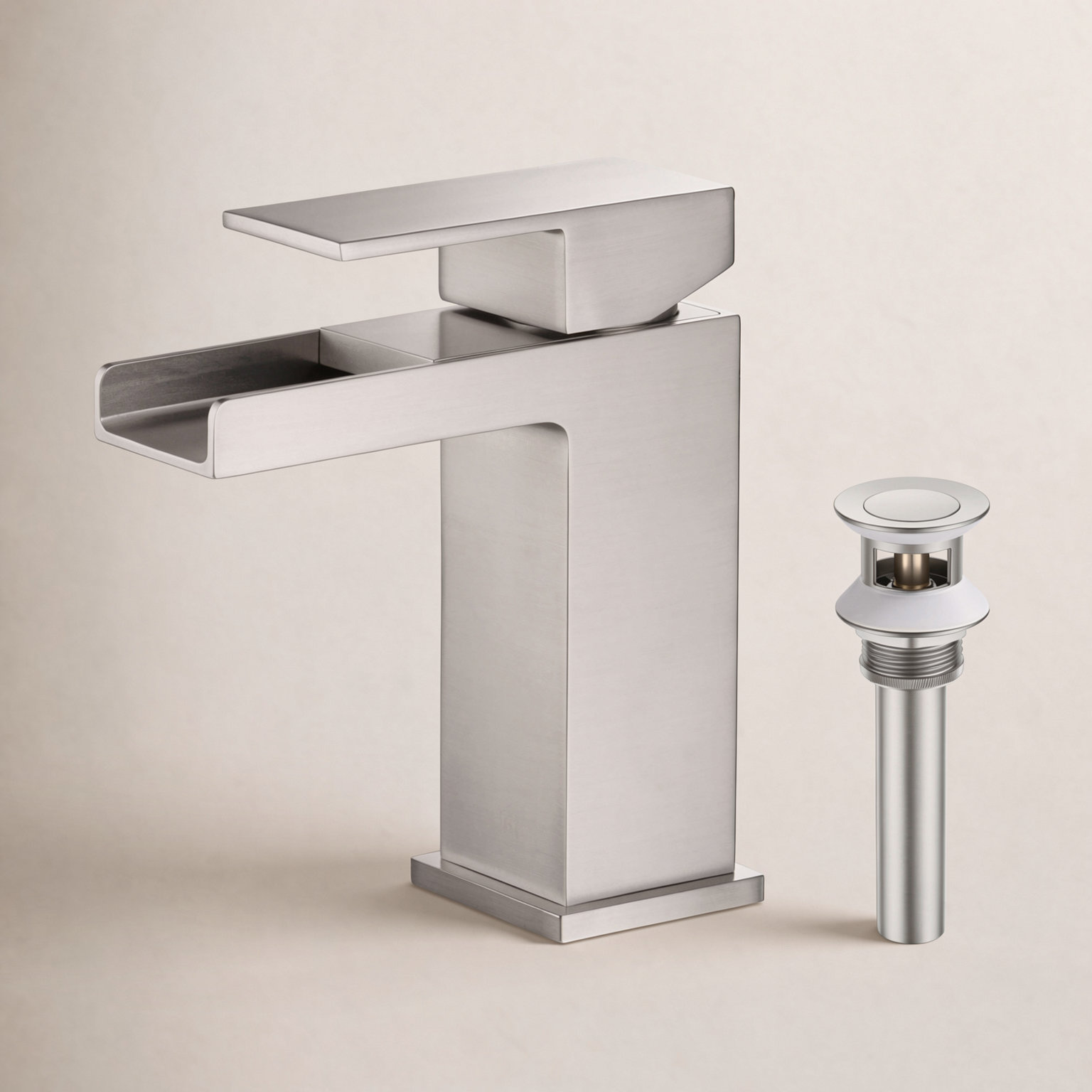 Waterfall Single-Hole Bathroom Faucet, Brushed Nickel, With Drain Assembly