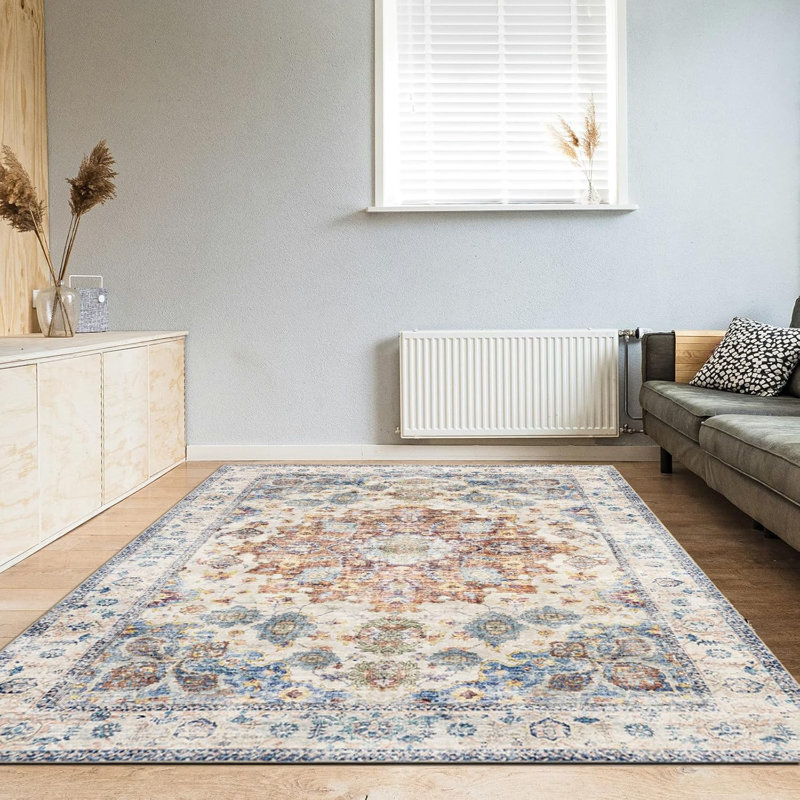 8' x 10' Vintage Boho Washable Area Rug – Ultra-Soft Low Pile, Non-Slip, Blue/Red