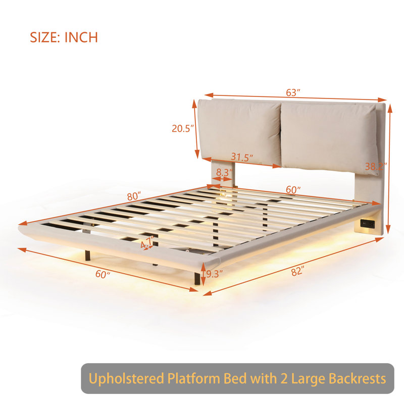 Lit plateforme tapissier Kenzliee, Beige, Grand
