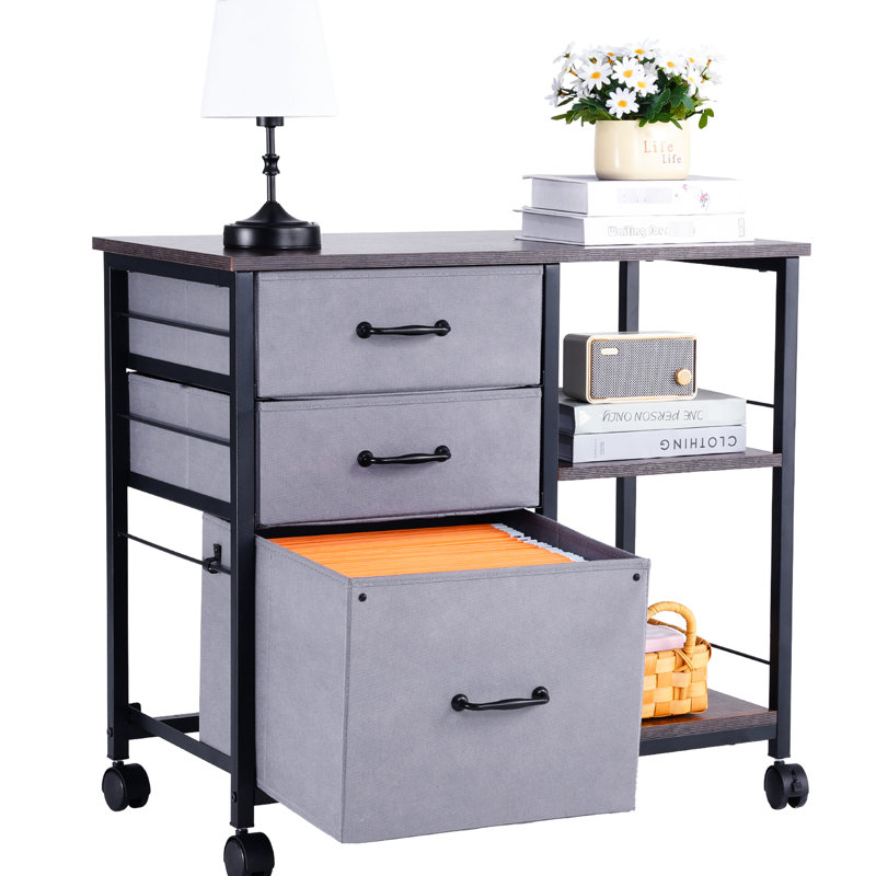 Classeur mobile en métal avec 3 tiroirs en tissu et 2 tablettes ouvertes brunes