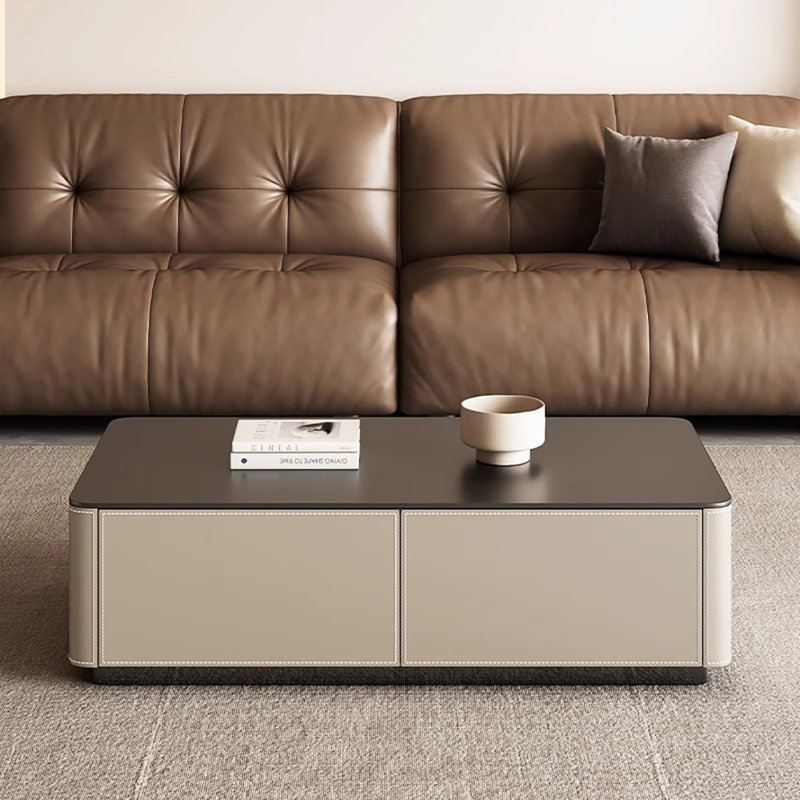 Saddle leather rectangular rock plate end table, 15" H x 51.2" L x 27.6" W