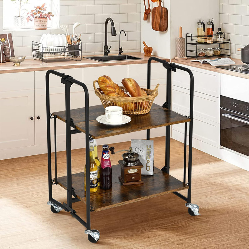 Metal 2-Tier Rolling Cart, Foldable Portable Storage Shelves With Locking Wheels For Kitchen, RV
