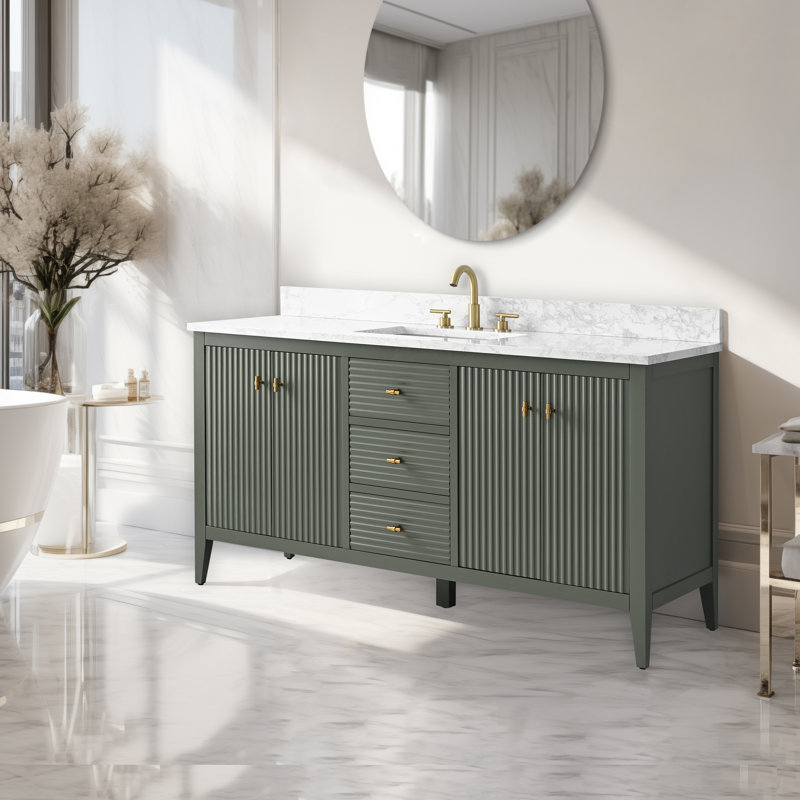Ensemble de meuble-lavabo autoportant avec lavabo en marbre 60 po Lavallon, Doré brossé, Linéaire vert rétro