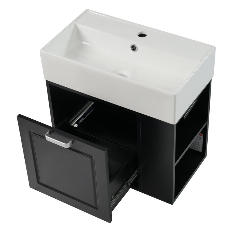 Mulero 21.5" Wall-Mounted Bathroom Vanity With Ceramic Sink, Drawer & Shelf, Black