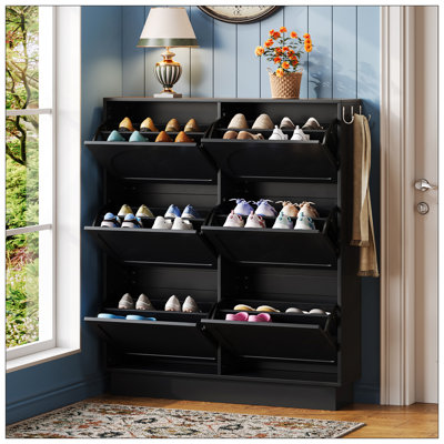Modern Elegant Narrow Tipping Bucket Shoe Cabinet With 6 Flip Drawers, Space Saving Design, Cream Style Entryway Organizer With Adjustable Shelf, Free-Standing Shoe Rack With 3 Silvery Hooks, White