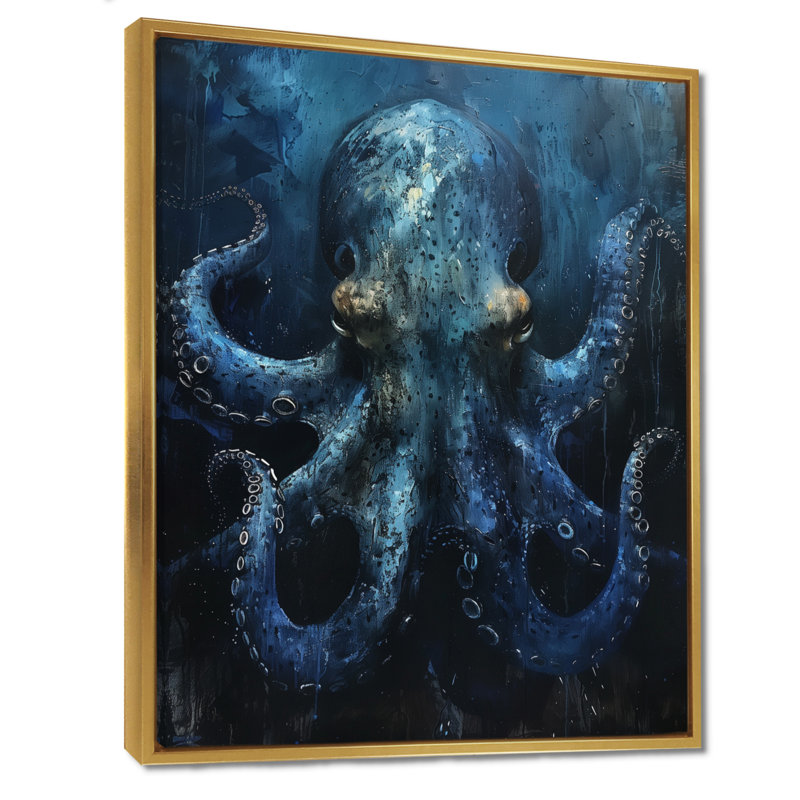 Bleu pieuvre géante créature - créatures marines, art mural salon, Cadre flottant doré, H 16 po x l 32 po