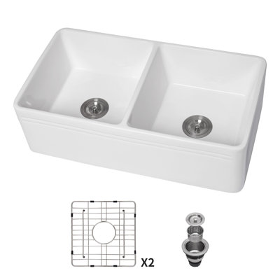 White Farmhouse Sink - Kitchen Sink Apron Front Double Bowl 50/50 White Ceramic Kitchen Farm Sink