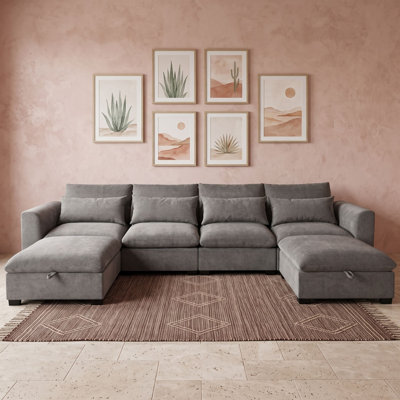 Canapé modulaire moderne avec 2 repose-pieds de rangement, accoudoirs arqués et tissu respirant pour le salon