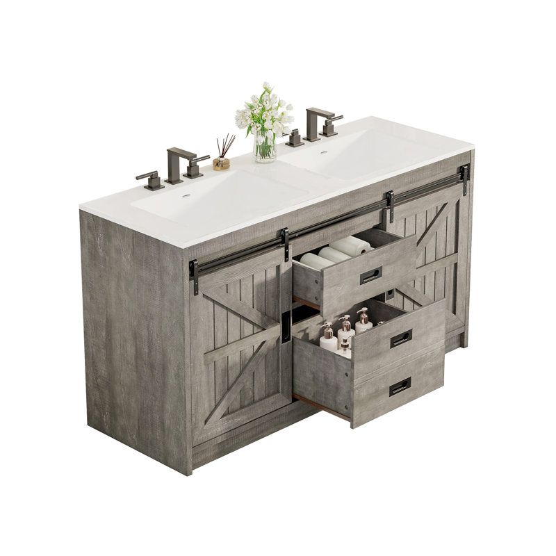 Chimira 2-Drawer 2-Door Manufactured Wood Double Sink Bathroom Vanity, 33.7" H x 60" W x 21.7" D, Rustic Brown