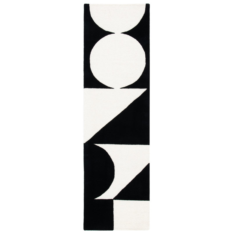 Tapis ivoire / noir en laine touffeté à la main à motif géométrique, Tapis de couloir 2 pi 3 po x 14 pi