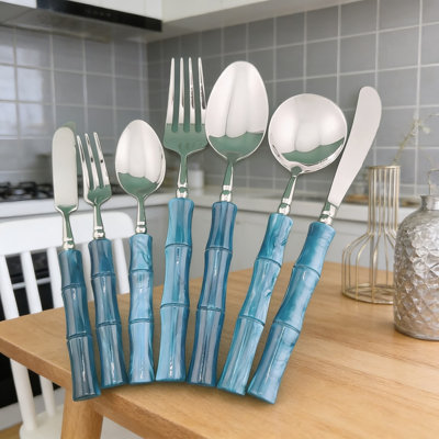 7-Piece Stainless Steel Flatware Set With Bamboo Handle, Modern Cutlery Set For Dining, Elegant Knife Fork Spoon Set, Dishwasher Safe Utensils