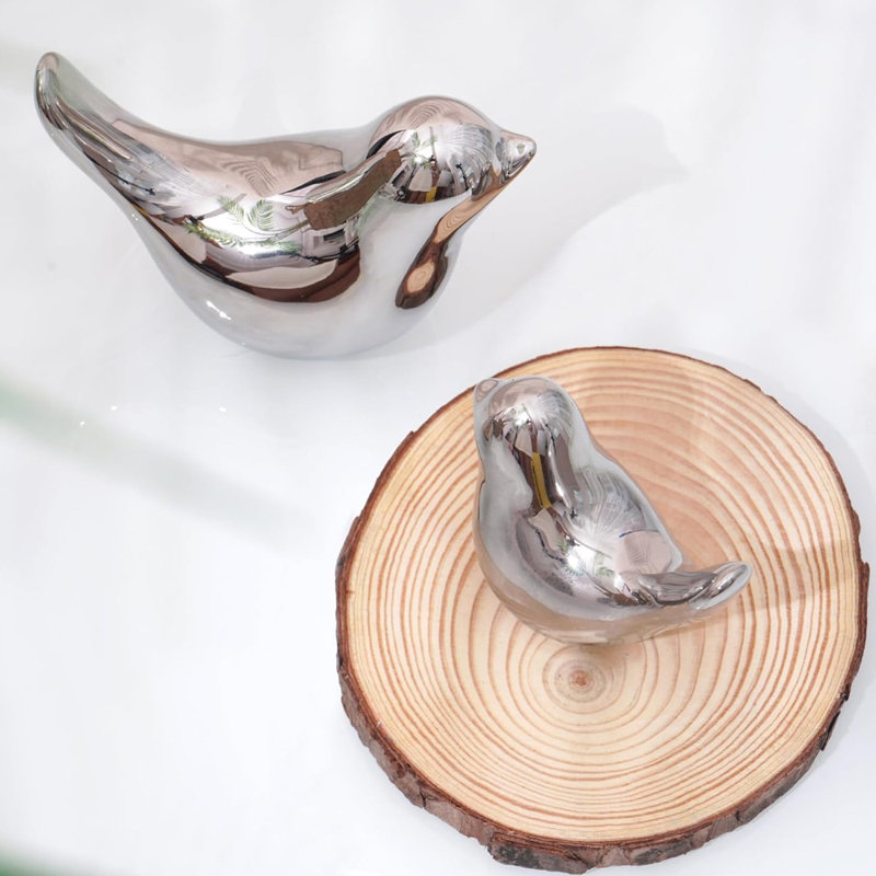 2 Pieces Mini Resin Creative Bird Sculpture, Different Size Abstract Art Decorations for Home Office Bookshelf Table Bookshelf Decorations, Silver