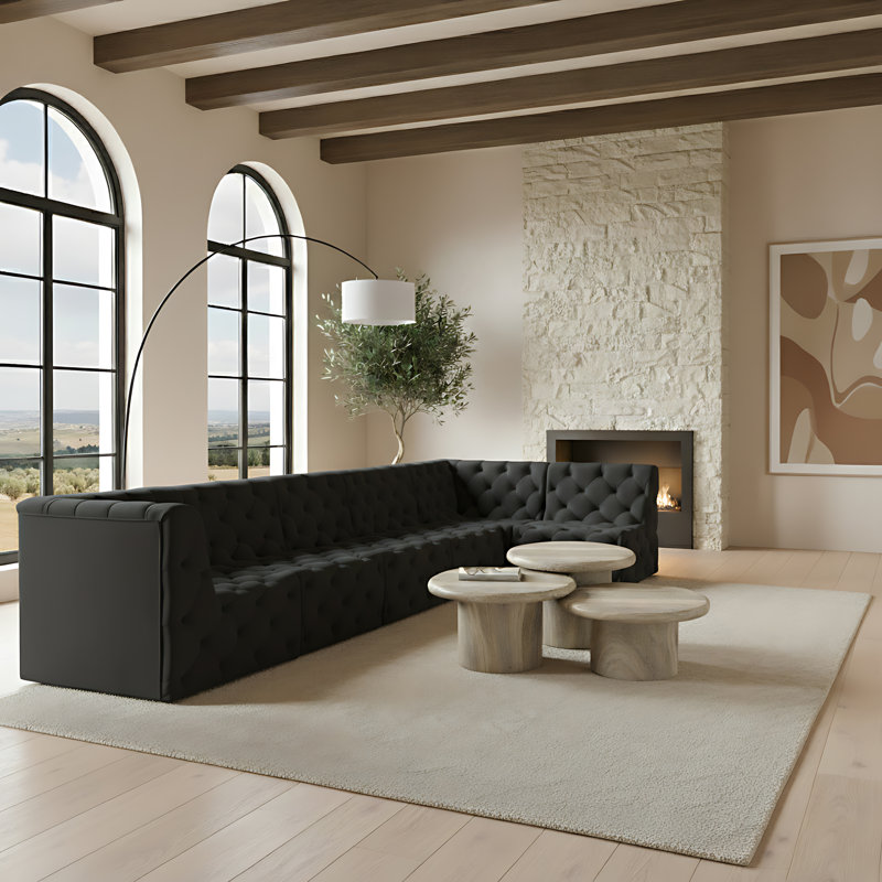 Klecka Velvet L-Shaped Sectional Reversible, Black Velvet