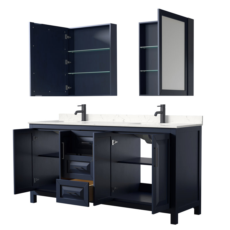 Daria 72'' W Double Vanity, Dark Blue, Carrara Cultured Marble, Matte Black
