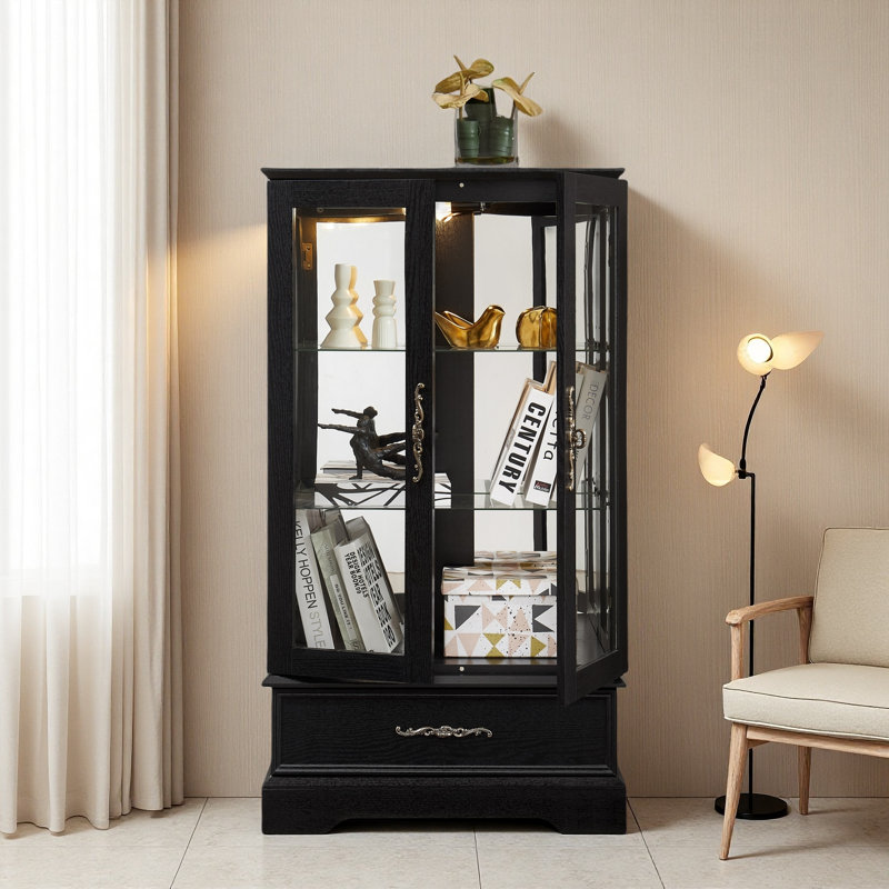 Lighted Glass Curio Cabinet With Adjustable Shelves - Elegant 2-Door Display Cabinet & Built-In Drawer, Includes Bulb, Black