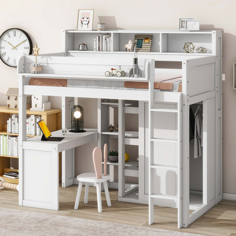 Lit mezzanine en bois avec plusieurs tablettes de rangement et garde-robe, Blanc