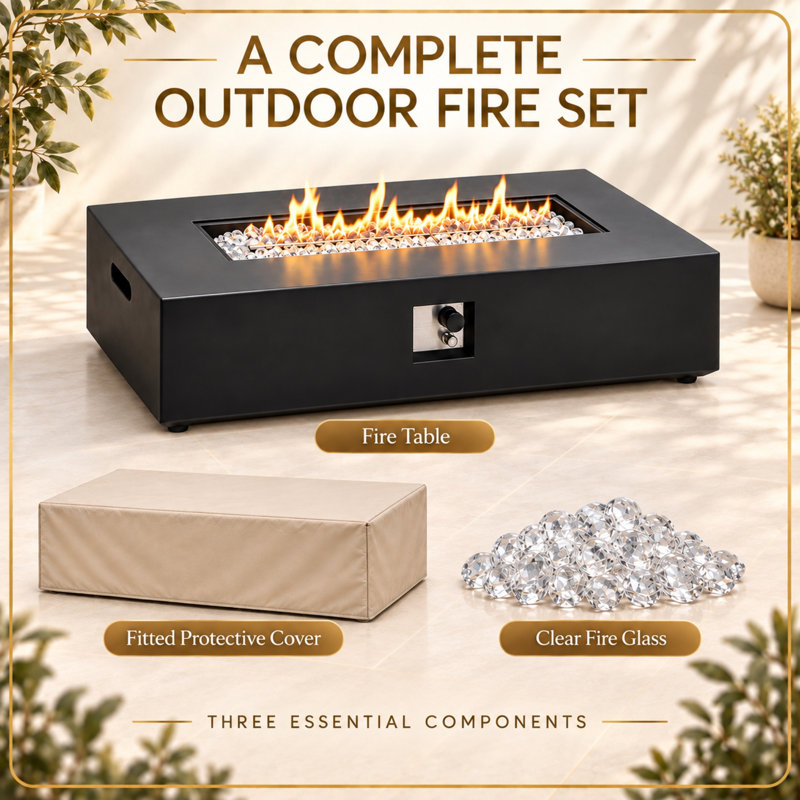 56" 50,000 BTU Rectangular Propane Fire Pit Table with Fire Glass and Protective Cover
