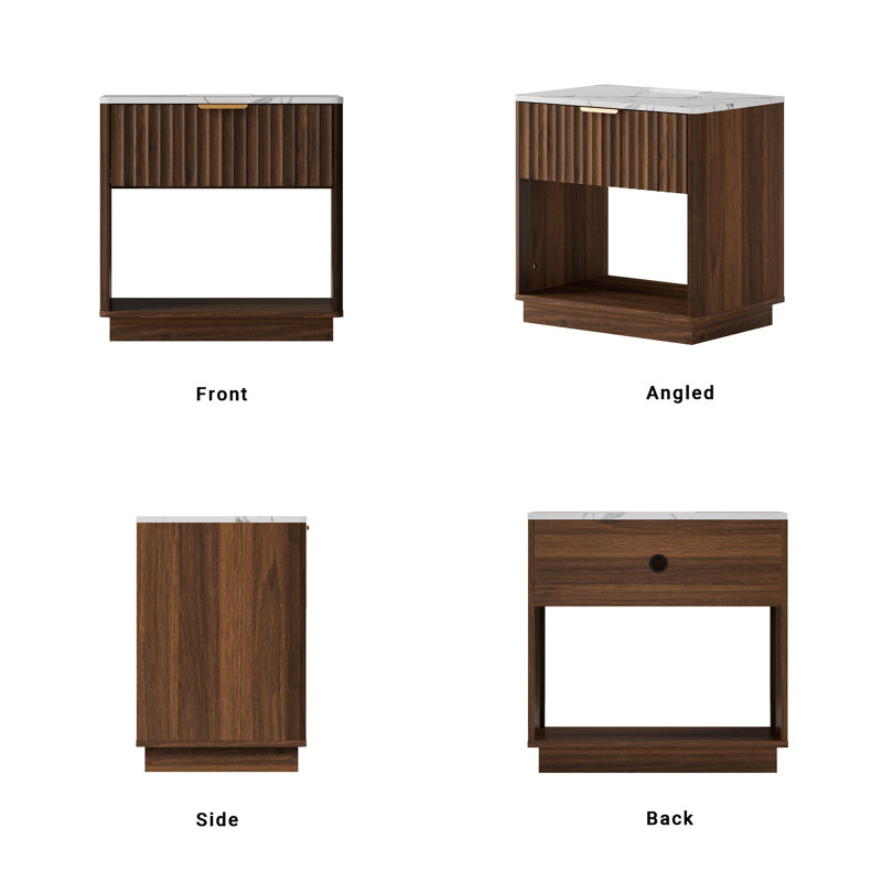 Seyla 23.6''W 1-Drawer Nightstand with Open Cubby, Wood Nightstand with Built-In Outlets, Walnut, Set of 1