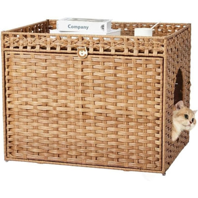 Meuble de rangement pour litière à deux étages, en polyéthylène tissé, avec espace de repos supérieur et bac à litière inférieur, système anti-éclaboussures et anti-odeurs.