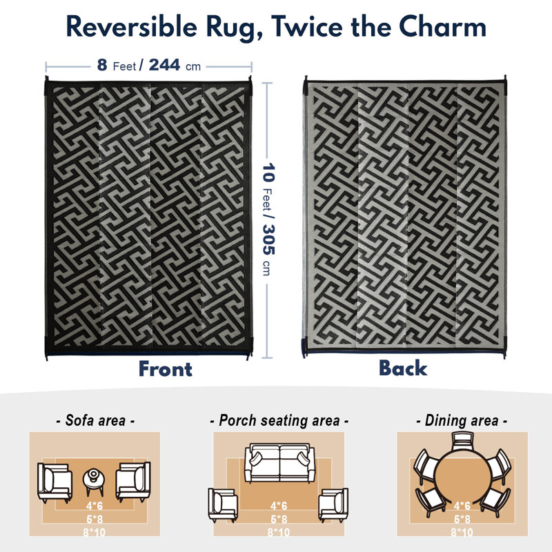 Beige/Black Outdoor/Indoor Area Rug, Rectangle 8' x 10'
