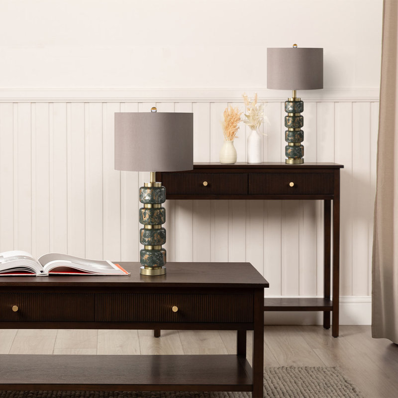 Baldrick 71cm Living Room Table Lamp with Glass Base, Bedside Buffet Lamp with Taupe Faux Shade